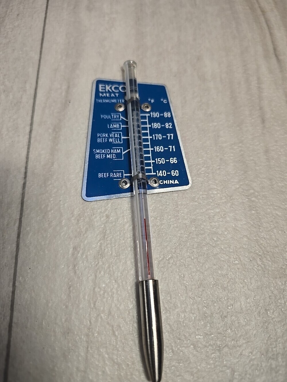 Vintage 90s Ekco Meat Thermometer Blue Aluminum & Glass Beef Roasts Pork Poultry